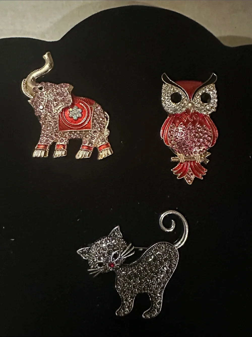 Set of Sparkling Animal Brooches - Elephant, Owl, Cat - Pink & Red Accents